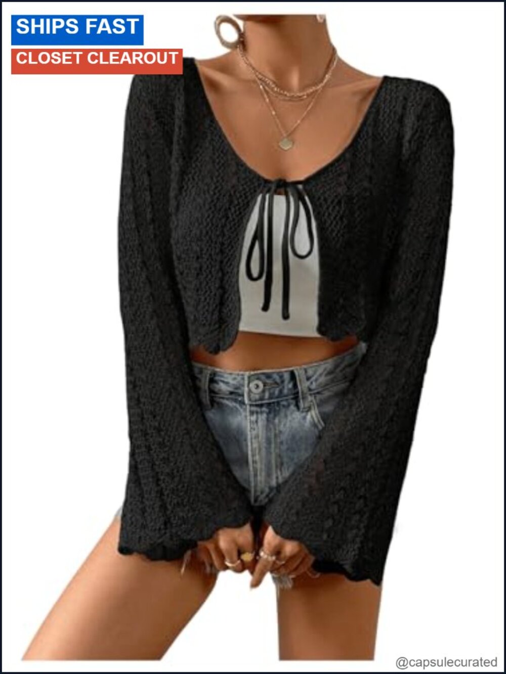 Tie Front Trumpet Sleeve Pointelle Knit Crop Cardigan